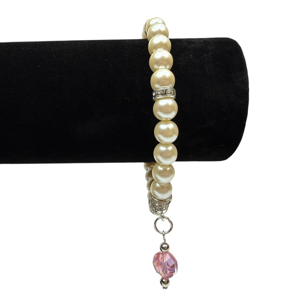 Elegant Cream Faux Pearl Stretch Bracelet with Pink Crystal Dangle Charm